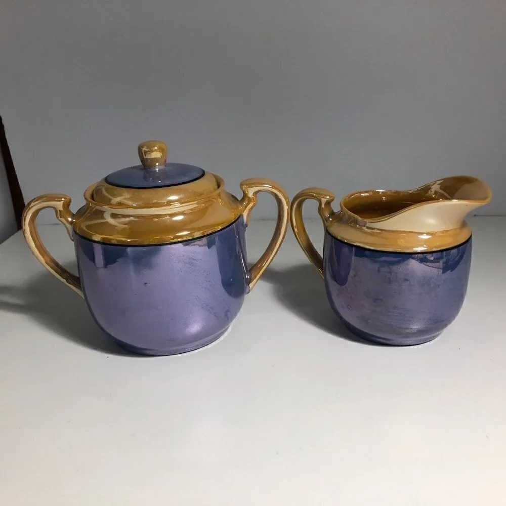 Blue Lusterware? - Creamer & Sugar Set - Floral - Made in Japan #83